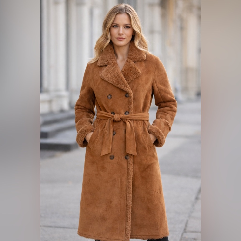 Electra Style | Long Faux Shearling Coat Belted Russian faux shearling 42 / Med